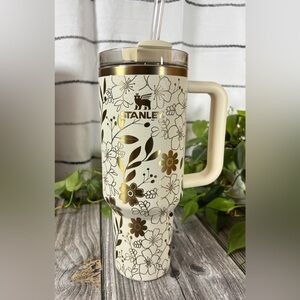 40oz Authentic Stanley Tumbler Laser Engraved with Floral Seamless Design